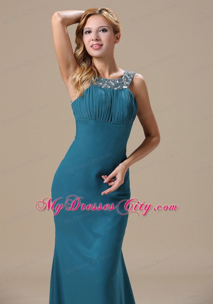 Teal Scoop Prom Dress With Beaded Decorate Shoulder