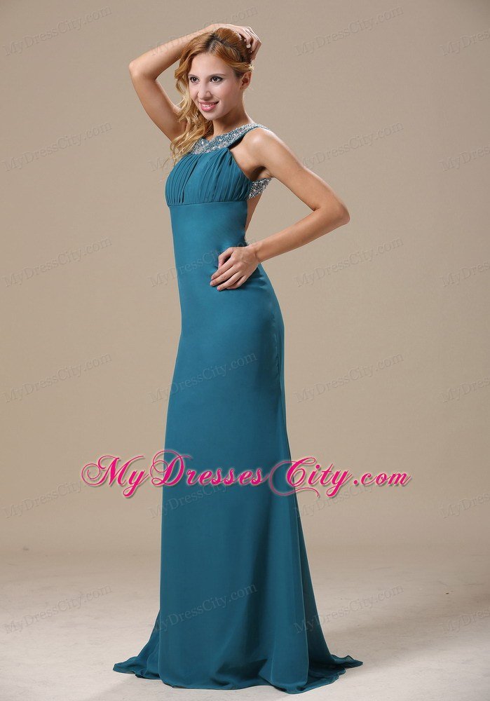 Teal Scoop Prom Dress With Beaded Decorate Shoulder