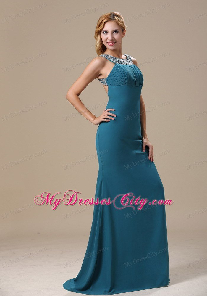 Teal Scoop Prom Dress With Beaded Decorate Shoulder