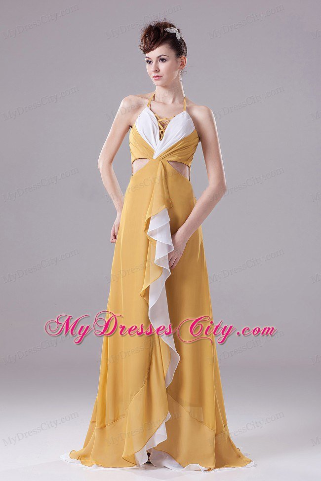 Gold Halter Chiffon Prom Party Dress With Side Cut Out