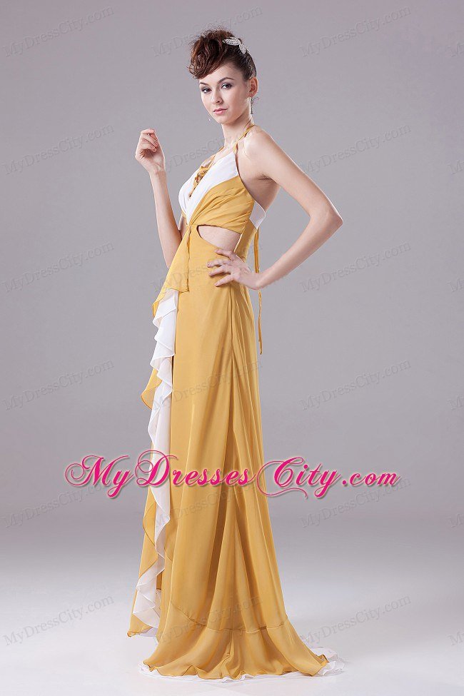 Gold Halter Chiffon Prom Party Dress With Side Cut Out