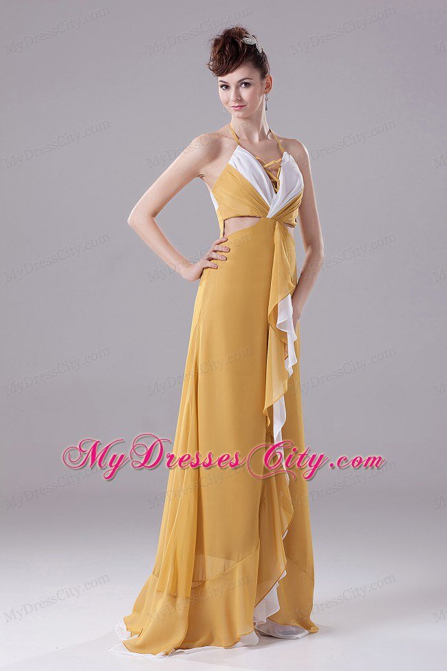 Gold Halter Chiffon Prom Party Dress With Side Cut Out