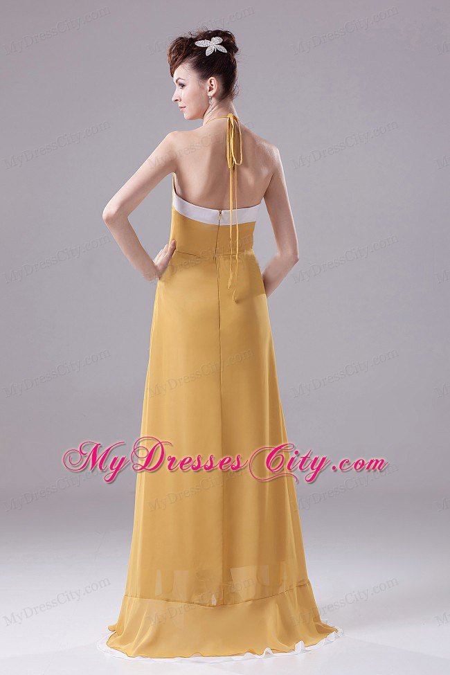 Gold Halter Chiffon Prom Party Dress With Side Cut Out