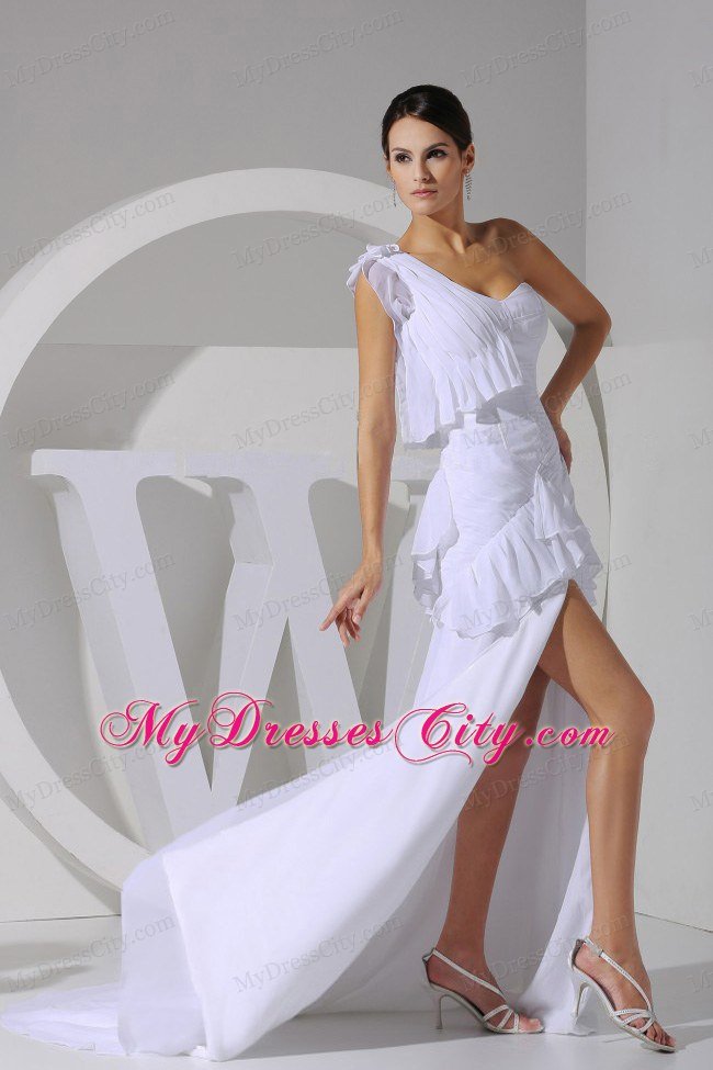 2013 One Shoulder White Chiffon High Silt Prom Dress