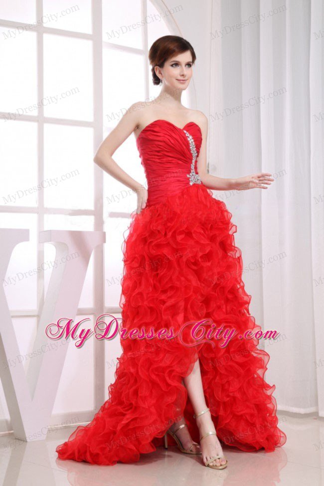 High-low Red Mermaid Silt Ruffles Layered Prom Dress