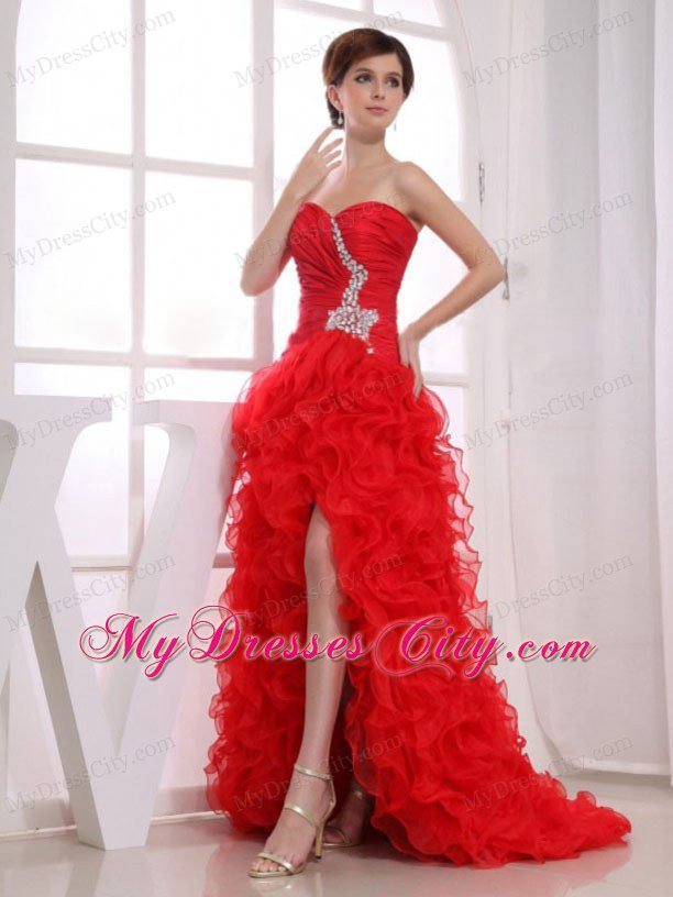 High-low Red Mermaid Silt Ruffles Layered Prom Dress