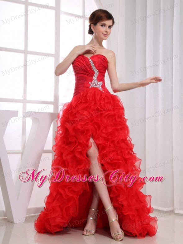 High-low Red Mermaid Silt Ruffles Layered Prom Dress