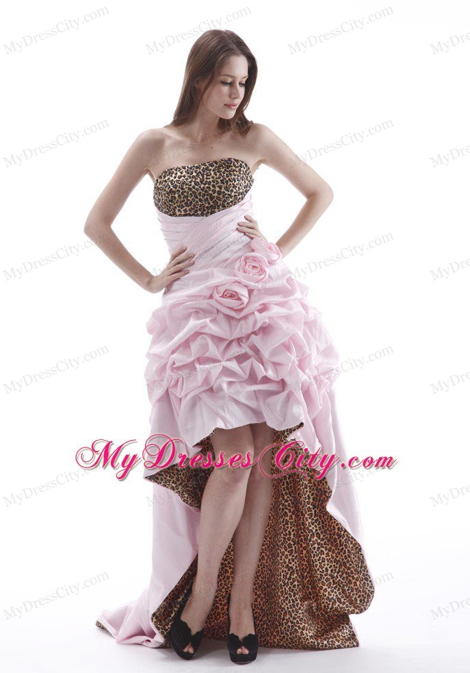 Leopard Flowers Baby Pink High-low Prom Graduation Dress with Pick Ups