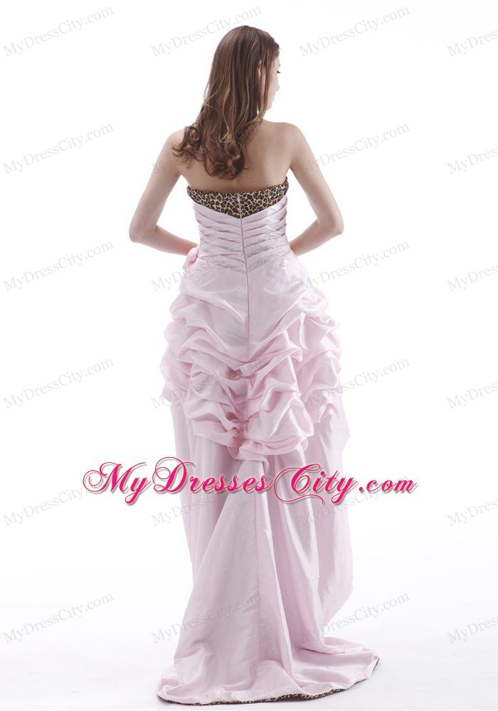 Leopard Flowers Baby Pink High-low Prom Graduation Dress with Pick Ups