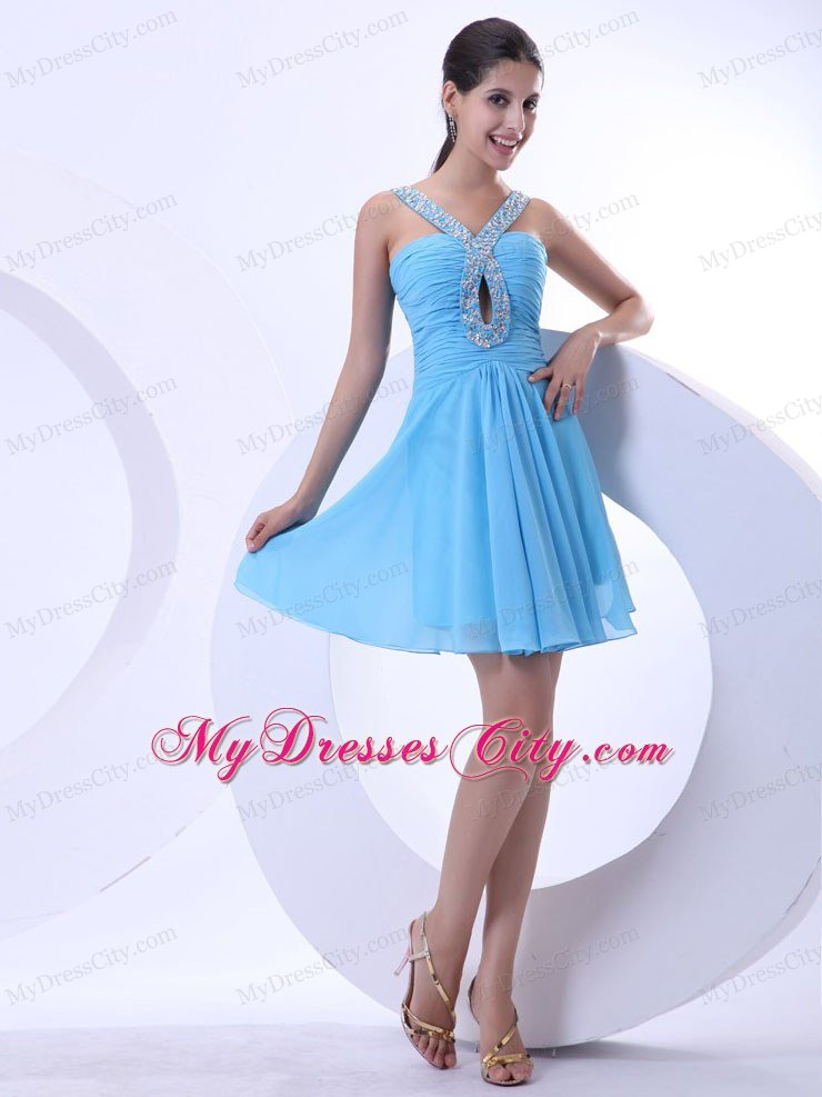 Mini-length Chiffon Aqua Blue Prom Cocktail Dress With Jeweled Neckline