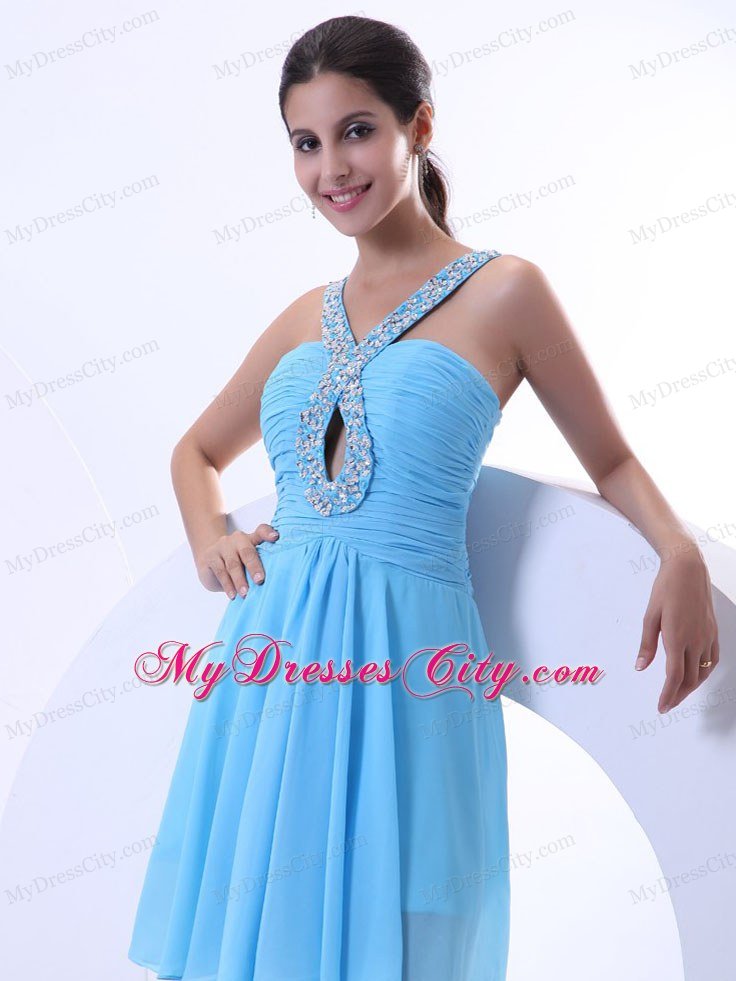 Mini-length Chiffon Aqua Blue Prom Cocktail Dress With Jeweled Neckline