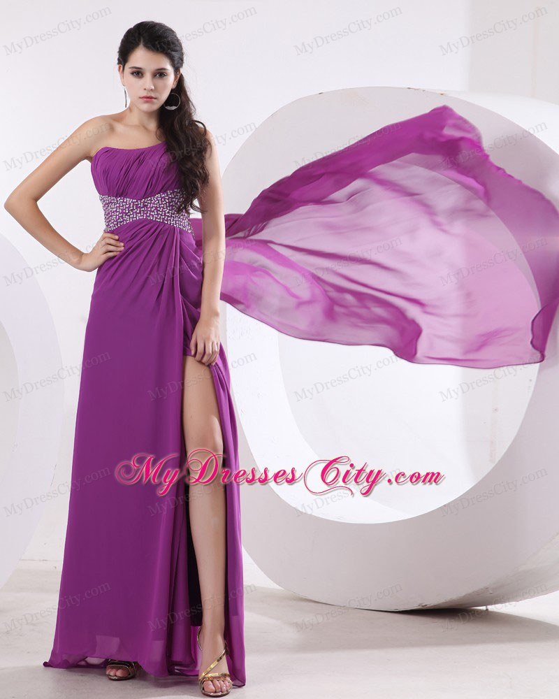 Beaded Chiffon High Slit Watteau Train Fuchsia Prom Evening Dresses