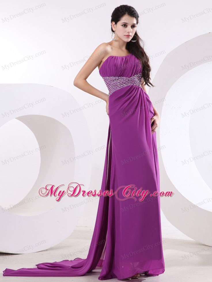 Beaded Chiffon High Slit Watteau Train Fuchsia Prom Evening Dresses