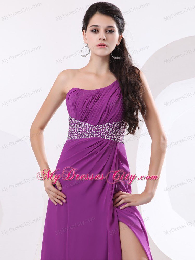 Beaded Chiffon High Slit Watteau Train Fuchsia Prom Evening Dresses