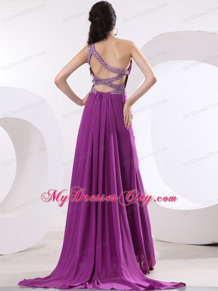 Beaded Chiffon High Slit Watteau Train Fuchsia Prom Evening Dresses