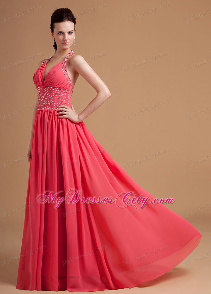 Beaded Halter Chiffon Watermelon Red Prom Evening Dresses