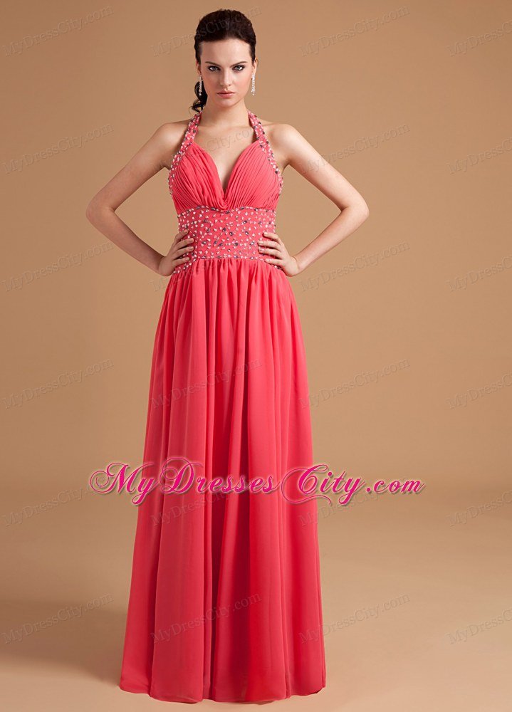 Beaded Halter Chiffon Watermelon Red Prom Evening Dresses