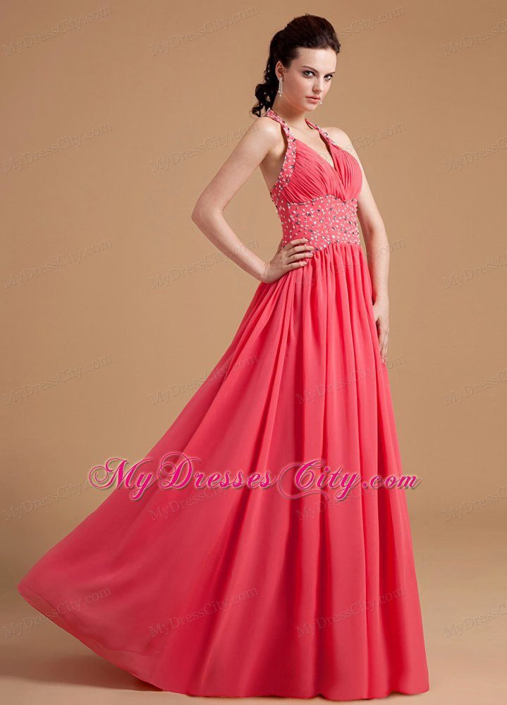 Beaded Halter Chiffon Watermelon Red Prom Evening Dresses