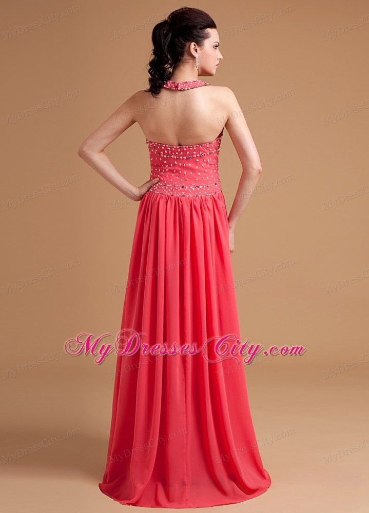 Beaded Halter Chiffon Watermelon Red Prom Evening Dresses