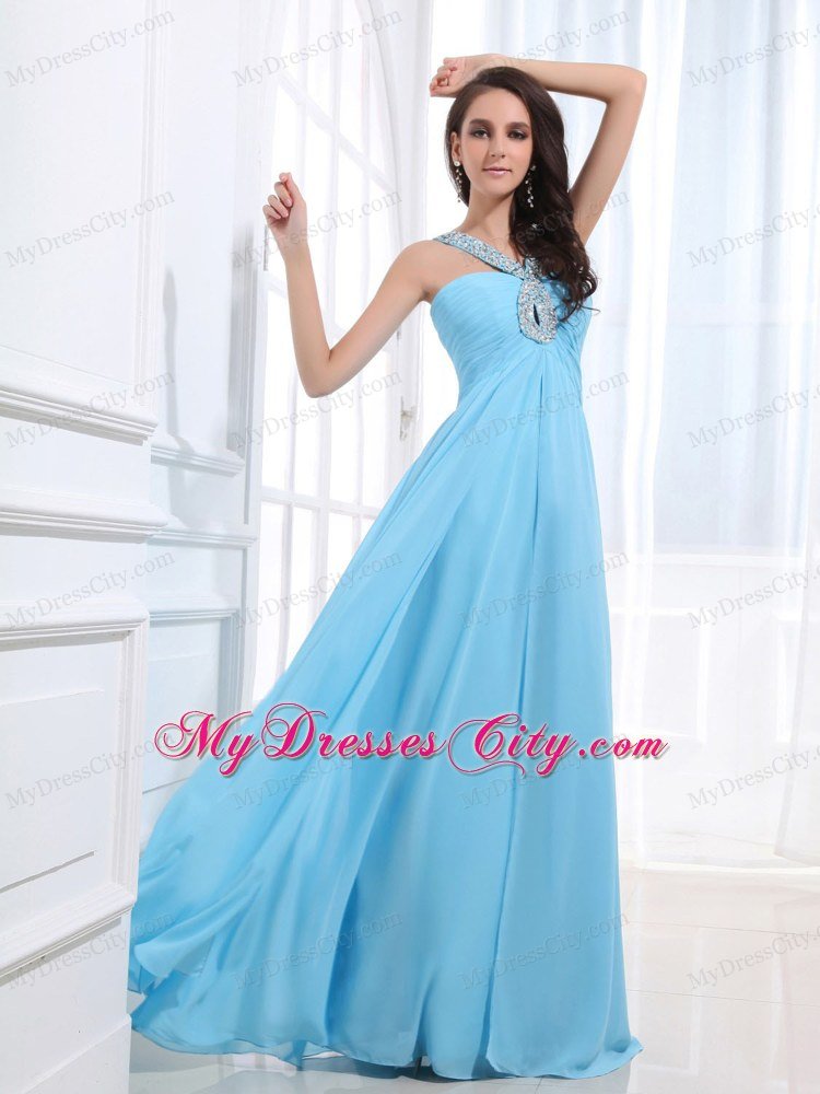 Aqua Blue Chiffon Empire Prom Party Dresses with Jeweled Neckline