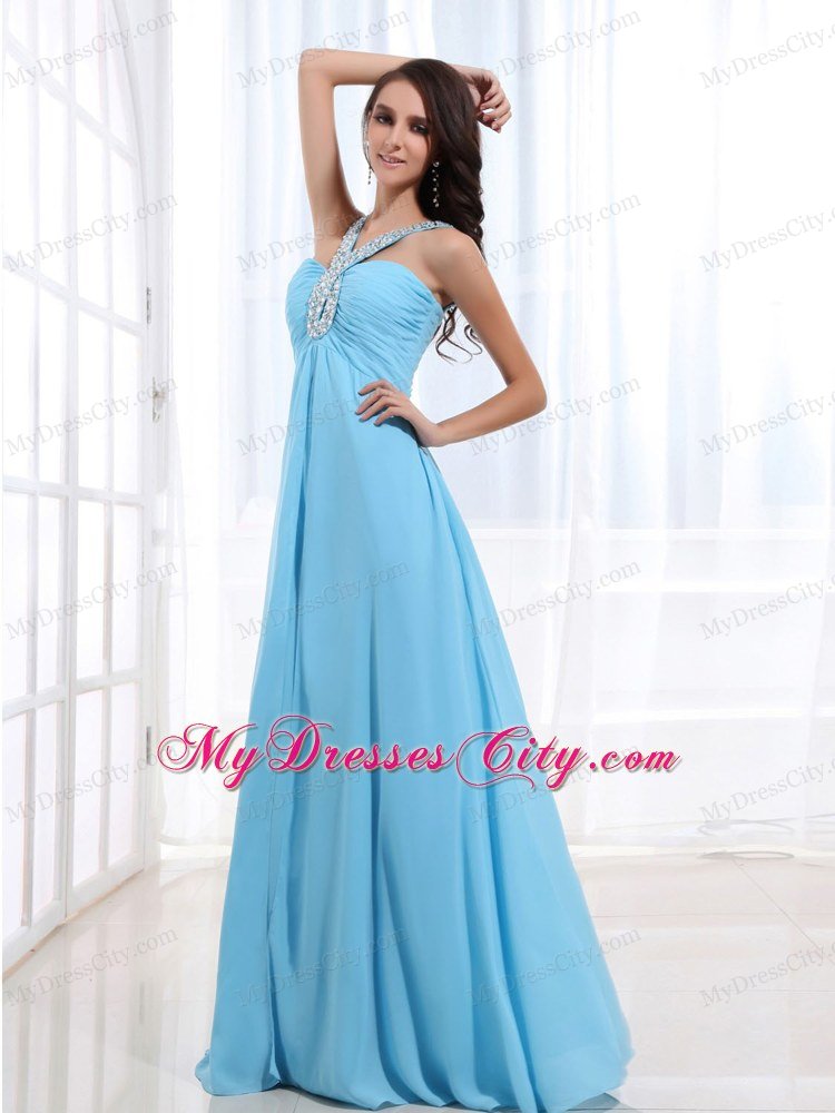 Aqua Blue Chiffon Empire Prom Party Dresses with Jeweled Neckline