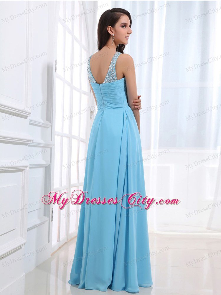 Aqua Blue Chiffon Empire Prom Party Dresses with Jeweled Neckline