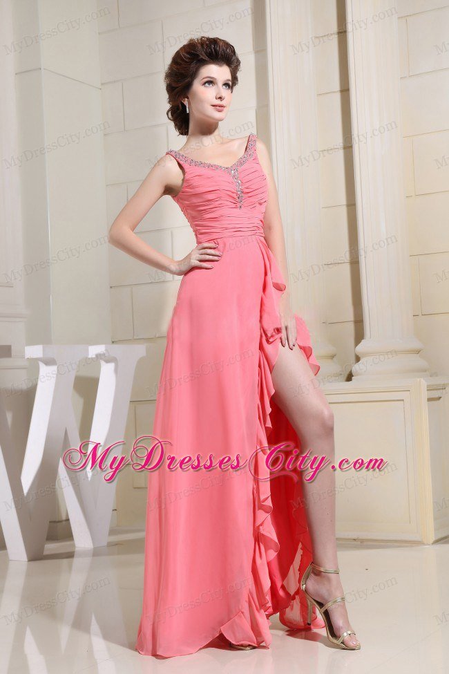 High Slit Beaded Watermelon Chiffon Prom Evening Dresses