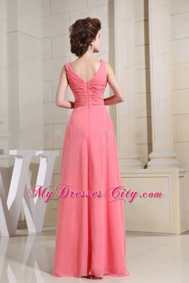 High Slit Beaded Watermelon Chiffon Prom Evening Dresses