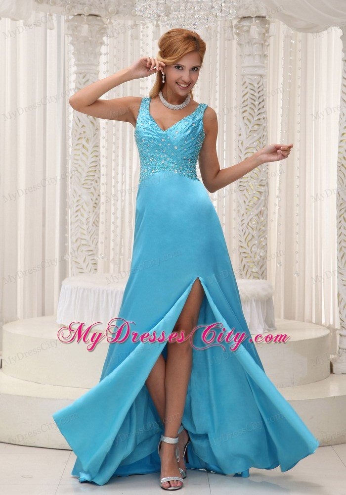 Beaded High Slit V-neck Aqua Blue Formal Prom Dresses 2013