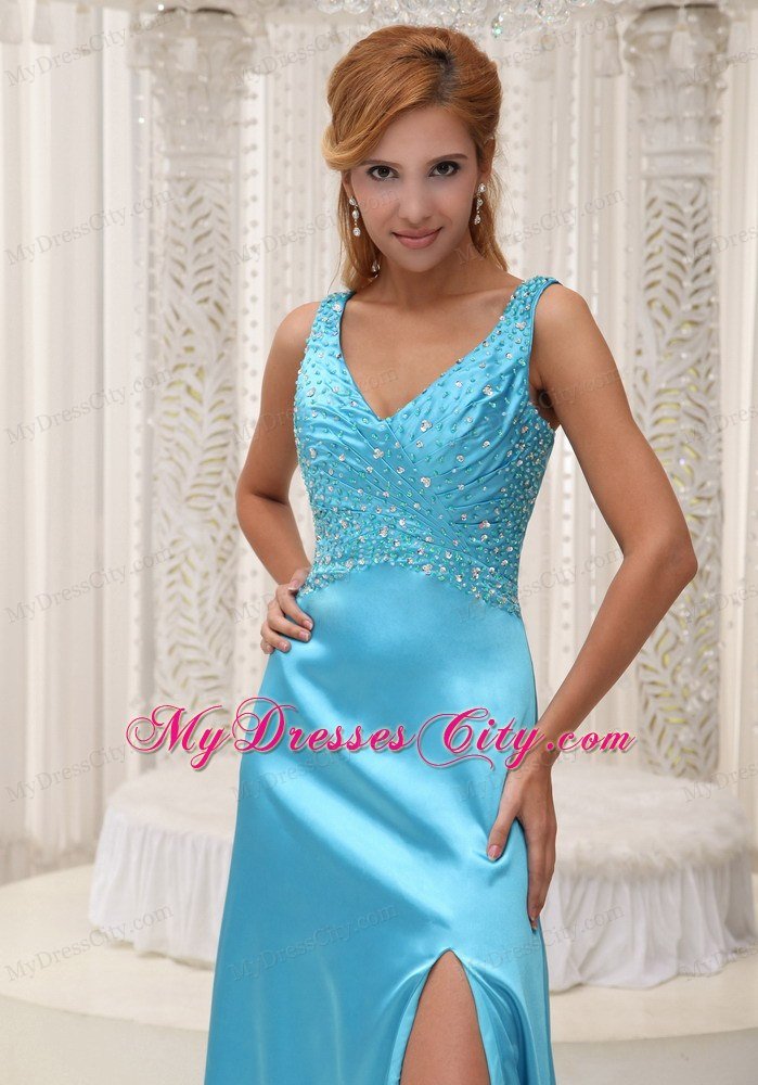 Beaded High Slit V-neck Aqua Blue Formal Prom Dresses 2013