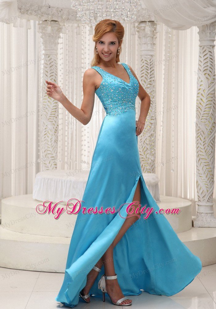 Beaded High Slit V-neck Aqua Blue Formal Prom Dresses 2013