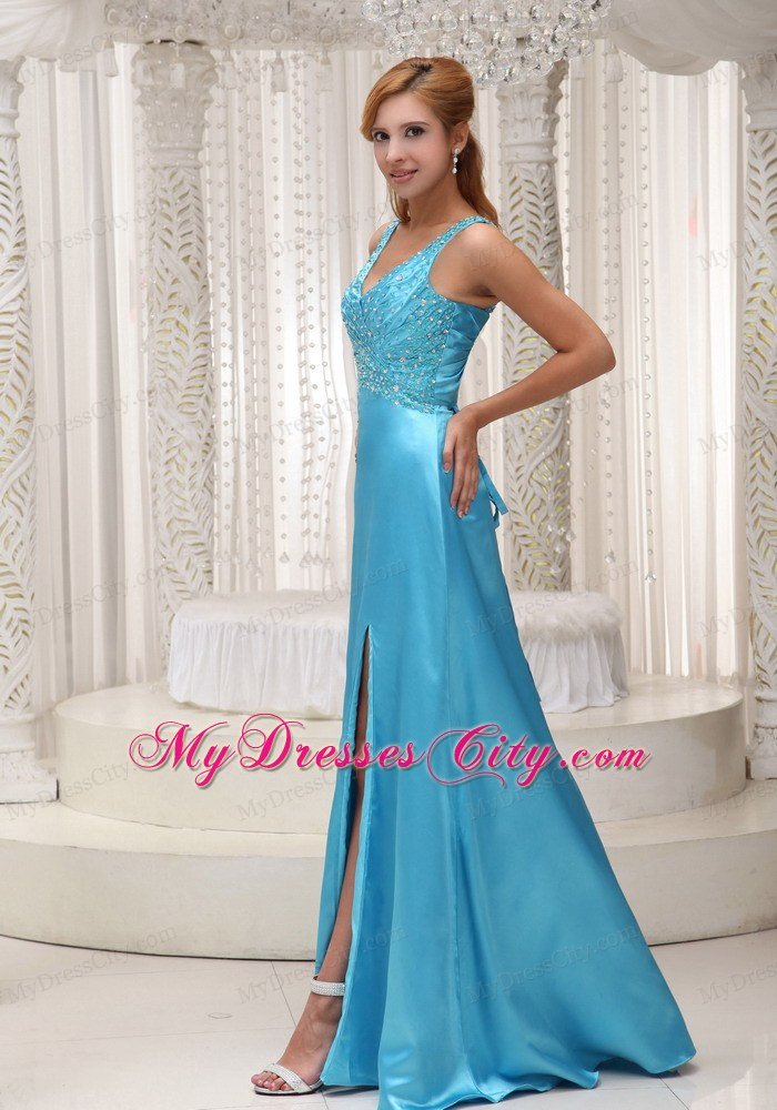 Beaded High Slit V-neck Aqua Blue Formal Prom Dresses 2013