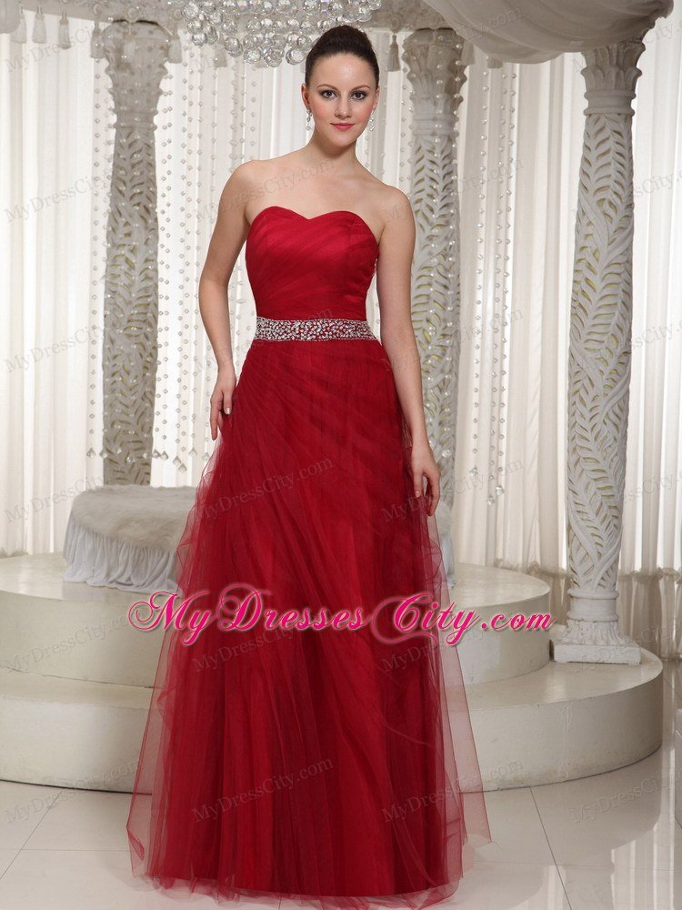 Elegant Tulle Sweetheart Beaded Wine Red Prom Gown Dress