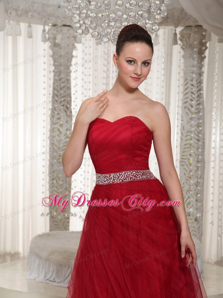 Elegant Tulle Sweetheart Beaded Wine Red Prom Gown Dress