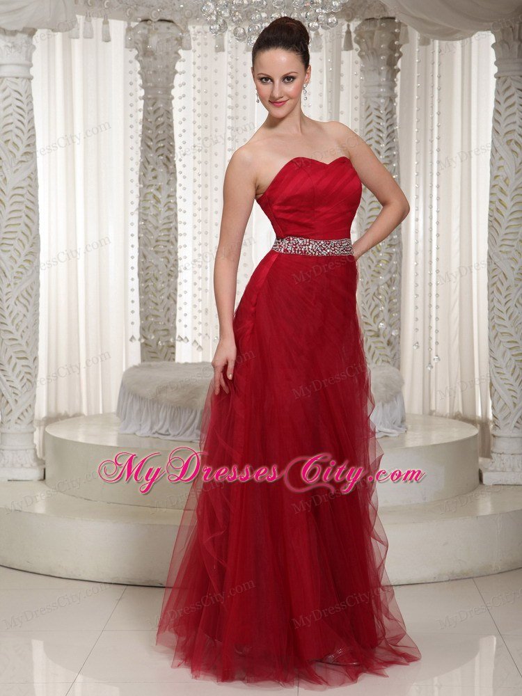 Elegant Tulle Sweetheart Beaded Wine Red Prom Gown Dress