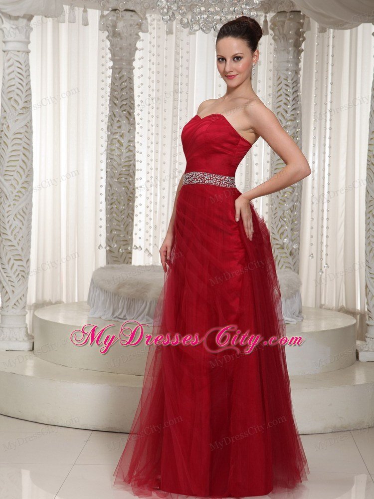 Elegant Tulle Sweetheart Beaded Wine Red Prom Gown Dress