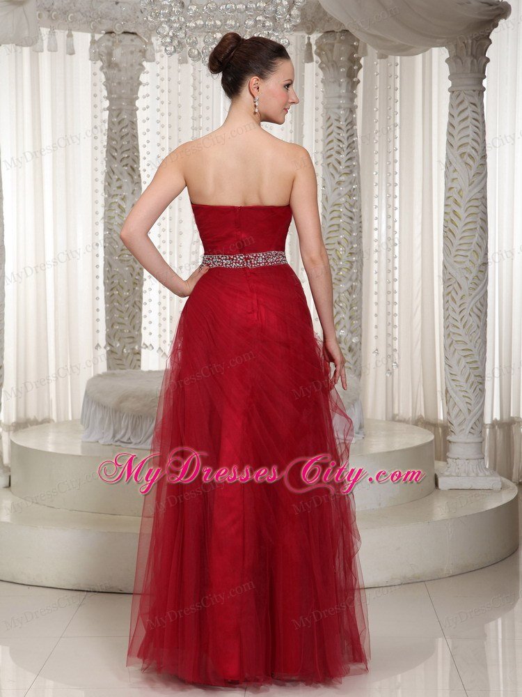 Elegant Tulle Sweetheart Beaded Wine Red Prom Gown Dress