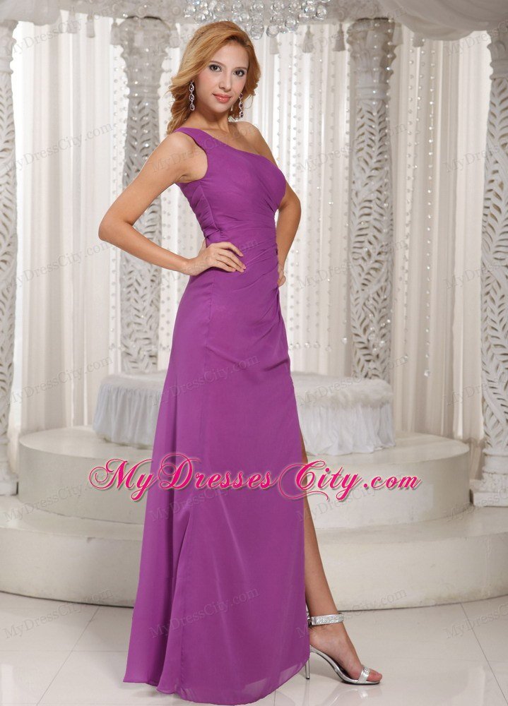 High Slit Ruching One Shoulder Fuchsia Sexy Prom Evening Dresses