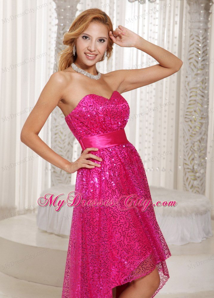 Sweetheart Hot Pink Paillette High-low Prom Party Dresses