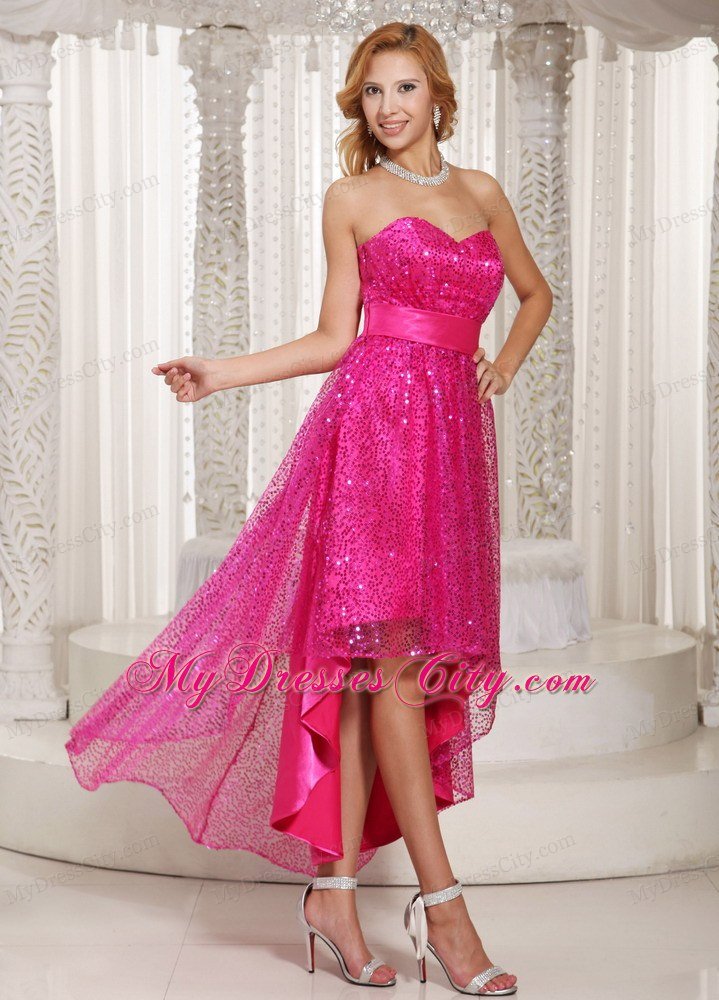 Sweetheart Hot Pink Paillette High-low Prom Party Dresses