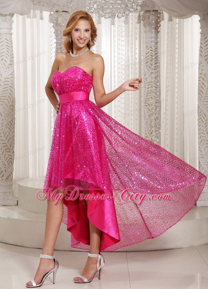 Sweetheart Hot Pink Paillette High-low Prom Party Dresses