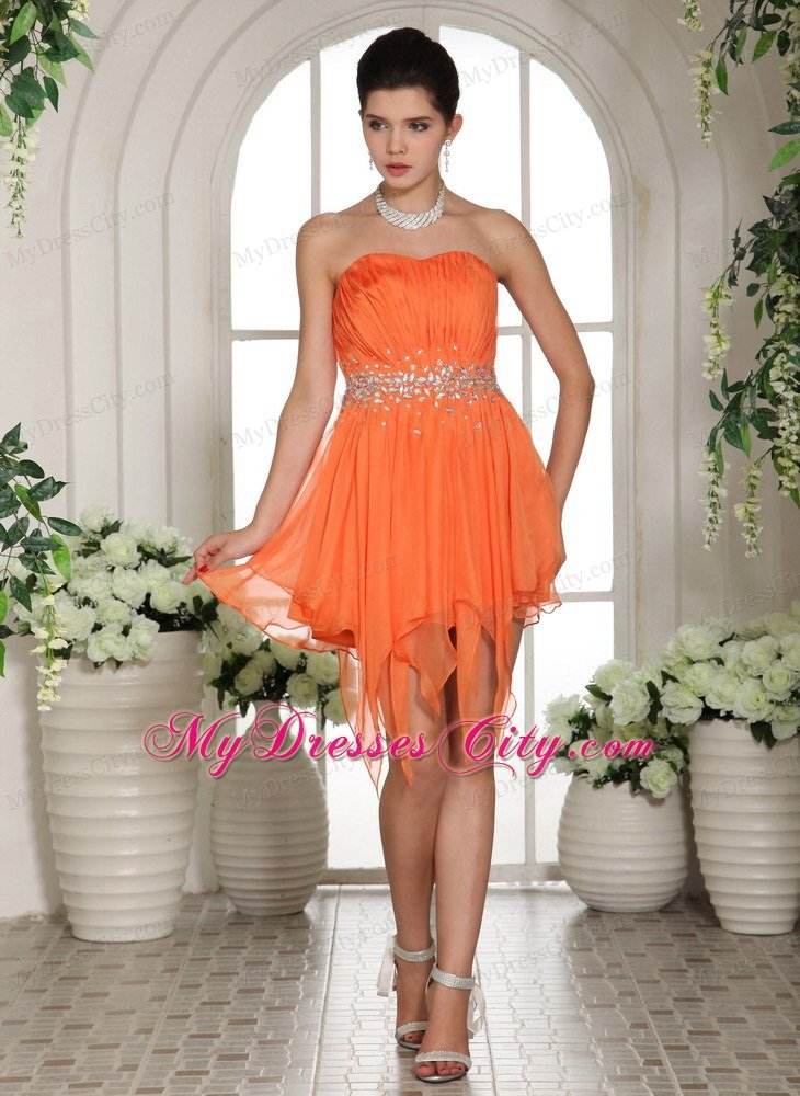 Ruched Asymmetrical Orange Prom Homecoming Dress with Rhinestones