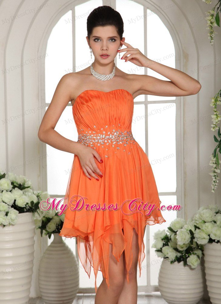 Ruched Asymmetrical Orange Prom Homecoming Dress with Rhinestones