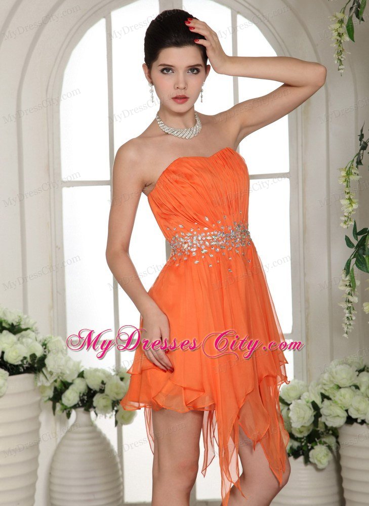 Ruched Asymmetrical Orange Prom Homecoming Dress with Rhinestones