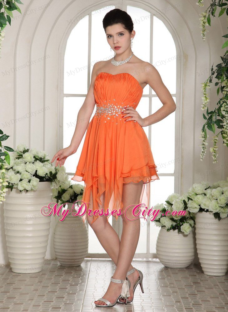 Ruched Asymmetrical Orange Prom Homecoming Dress with Rhinestones