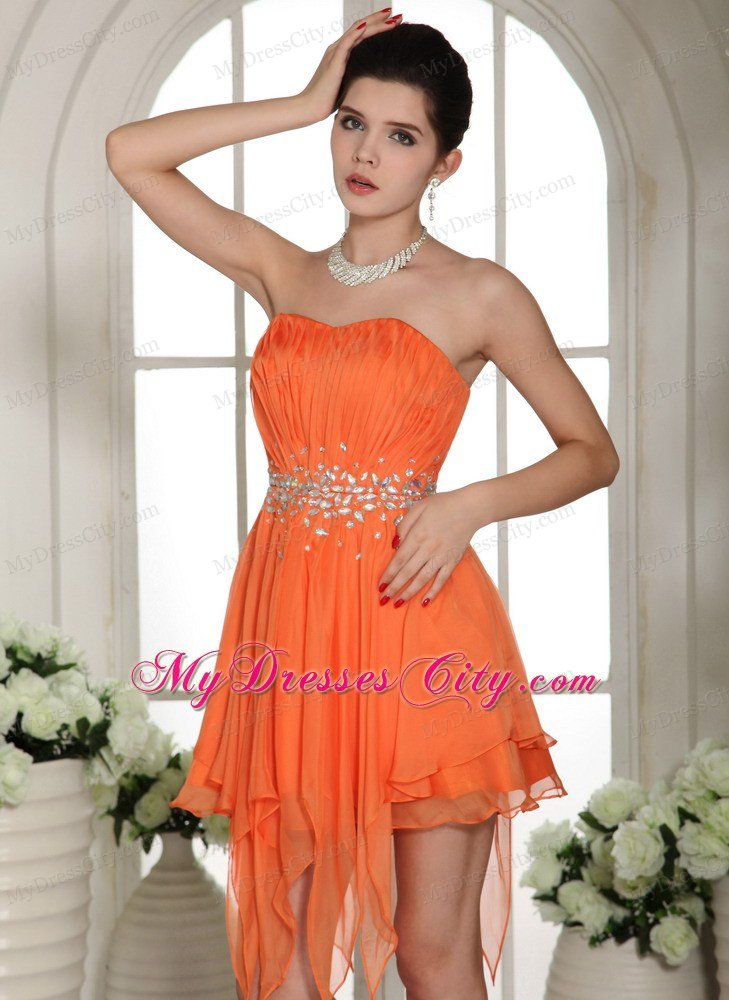 Ruched Asymmetrical Orange Prom Homecoming Dress with Rhinestones