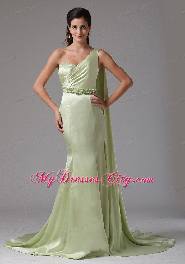 One Shoulder Mermaid Flowers Belt Watteau Train Prom Dress