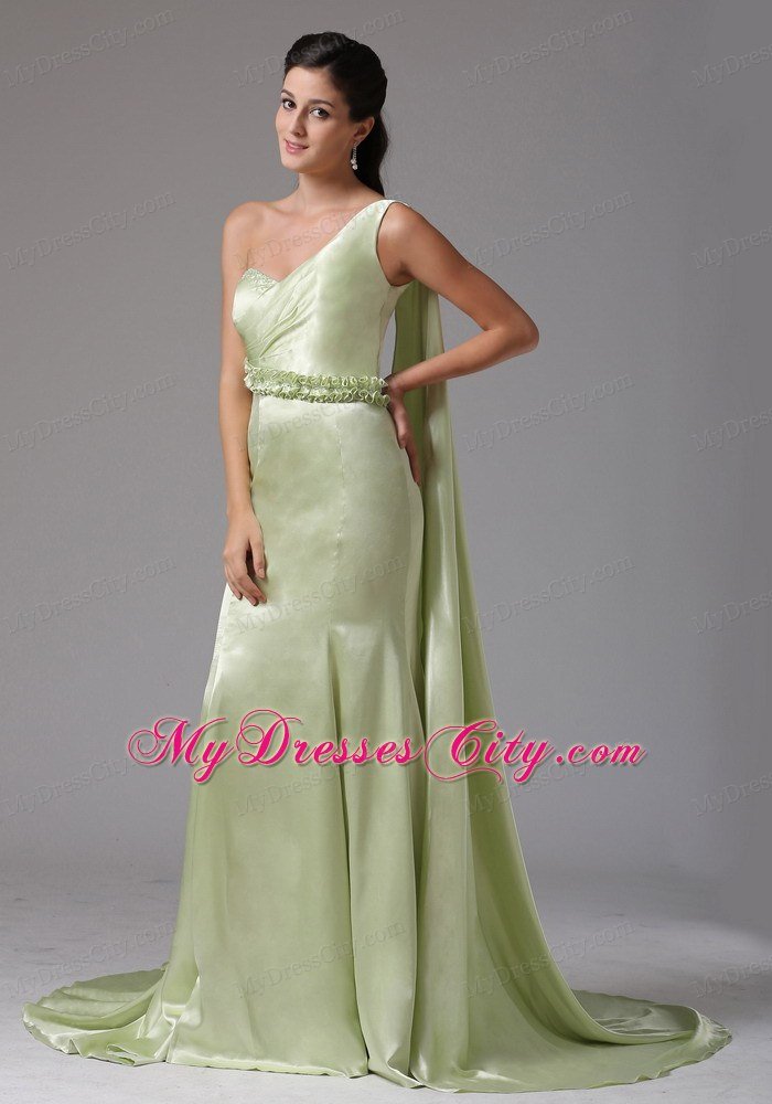 One Shoulder Mermaid Flowers Belt Watteau Train Prom Dress