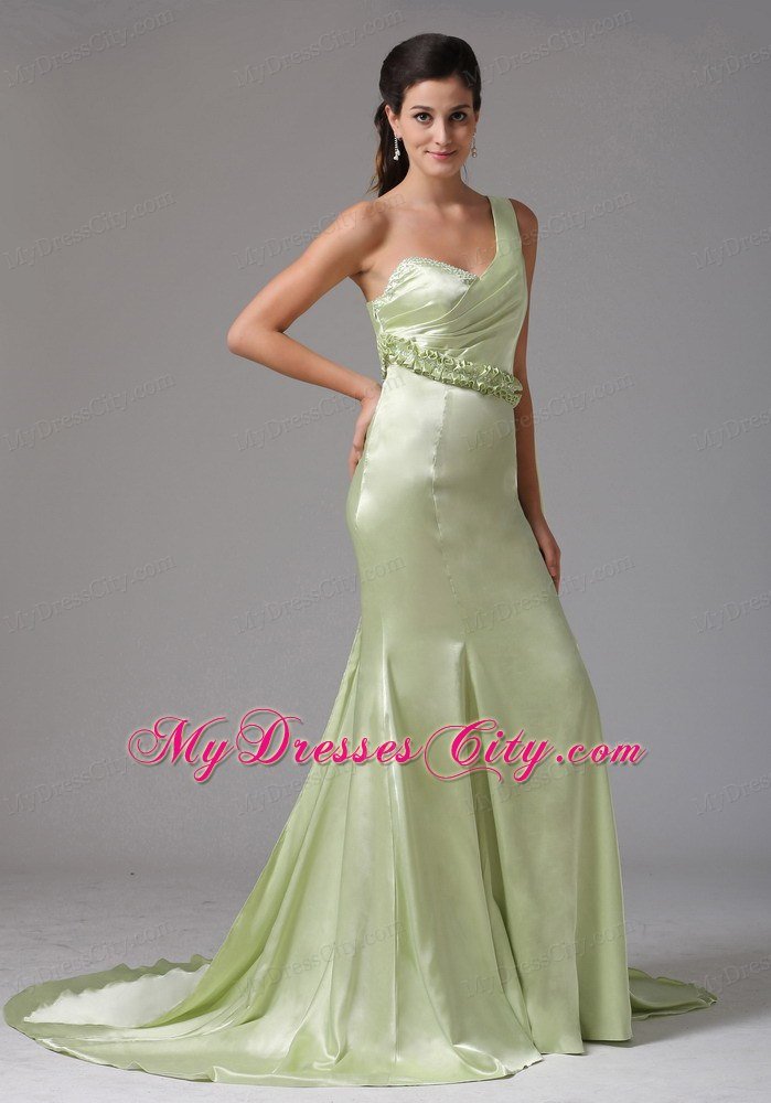 One Shoulder Mermaid Flowers Belt Watteau Train Prom Dress