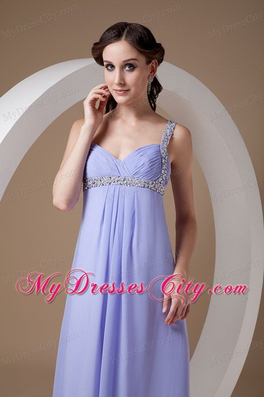 Straps Beaded Ruching Empire Lilac Chiffon Prom Evening Dresses